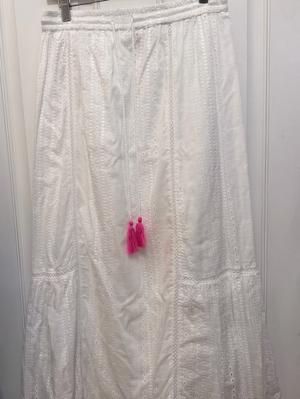 RAGA White Eyelet Maxi Skirt with Pink Tassels